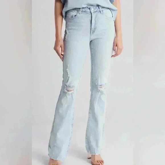 OAT NEW YORK High Rise Distressed Flare Jeans In Vanilla Sky Light Size 26 - Picture 1 of 15